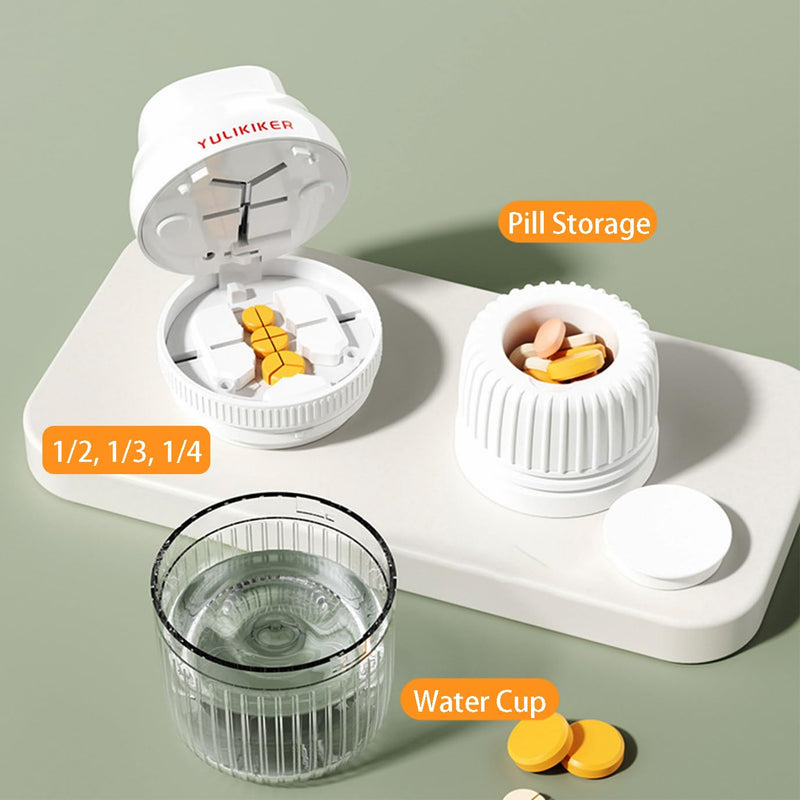 Pill Cutter with Grinder and Water Cup, 7 in 1 Multi-Functional Medicine Splitter(White) White