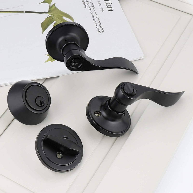 1Pack Exterior Door Lever Lockset with Single Cylinder Deadbolt Black Door Handle with Deadbolt Lock Set Keyed Alike, Matte Black Finished 1 Pack