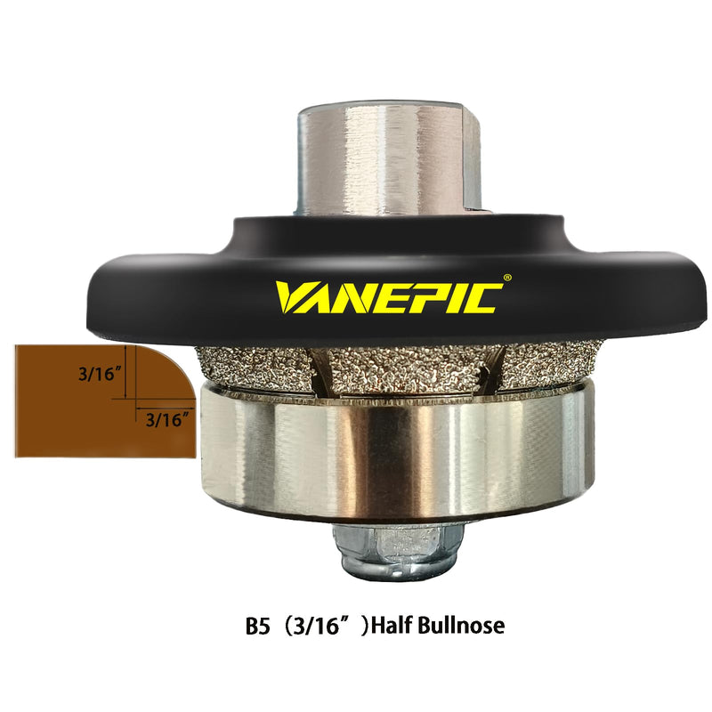 3/16 inch B5 Diamond Demi bullnose Half Bullnose Profile Wheel Diamond Hand Profiler Router bit with 5/8-11 Thread for Grinder Polisher Granite Marble Concrete and Countertop Edge