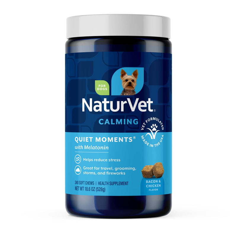 NaturVet Quiet Moments Calming Dog Supplement, Dog Soft Chews with Melatonin to Help Reduce Stress from Storms, the Vet, Fireworks, and Travel, Bacon and Chicken Flavored Pet Supplement, 240 Count Jar 240 Count (Soft Chews)