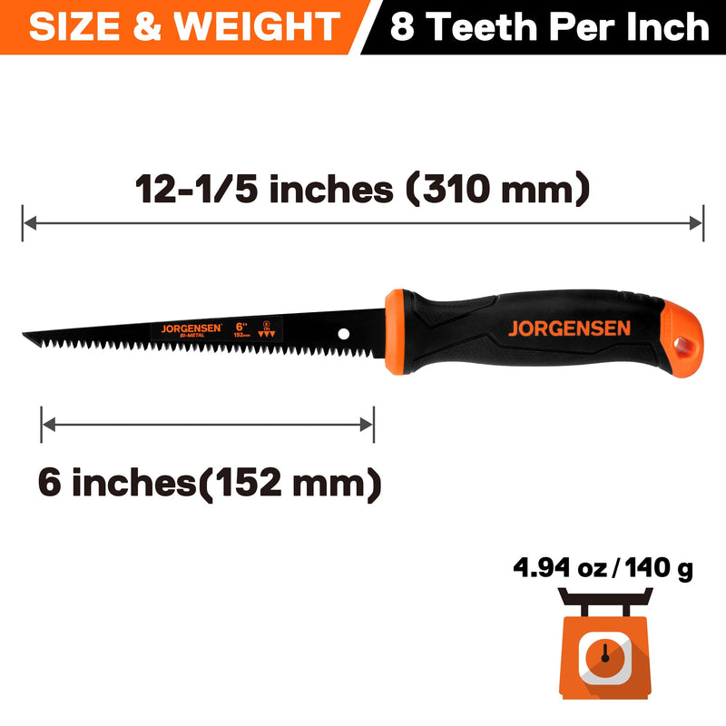 Jorgensen Drywall Saw & 6-inch Jab Saw, Keyhole Saw with Ergonomic Handle,Triple Ground Teeth, Faster Cutting Pumpkin Saw, Sheetrock Saw, Wallboard Saw with 8-TPI Bi-metal Blade,Pumpkin Carving Tools