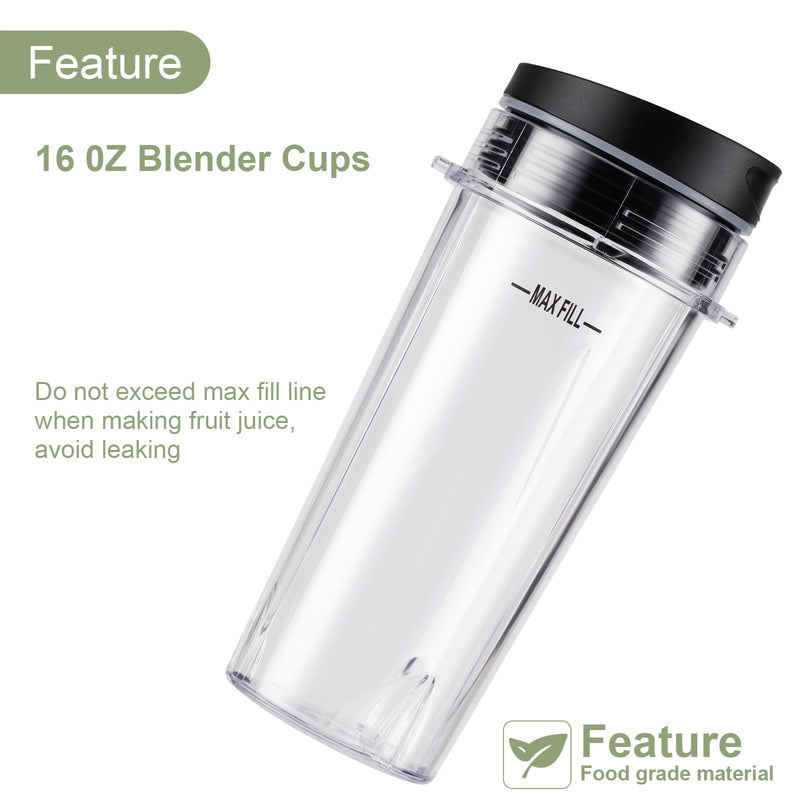 5-piece Ninja Blender Cups Replacement Single Serve 16oz Cups with Sip & Seal Lids, 6 Fins Extractor Blade Compatible with Nurti Ninja Blenders Pro BL660 BL663 BL663CO BL665Q BL740 BL770
