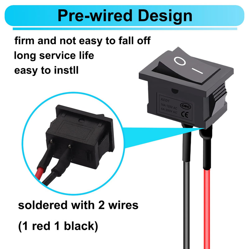 TWTADE 10Pcs Rocker Switch ON/Off 2Pin Latching Square Toggle SPST Switch Snap with Wires KCD1-X-F Square-10PCS