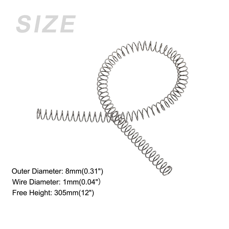 METALLIXITY Compression Springs (1x8mm OD,305mm Free Length) 2Pcs, 304 Stainless Steel Extension Spring - for Shop Home Repairs, DIY Projects, Silver Tone