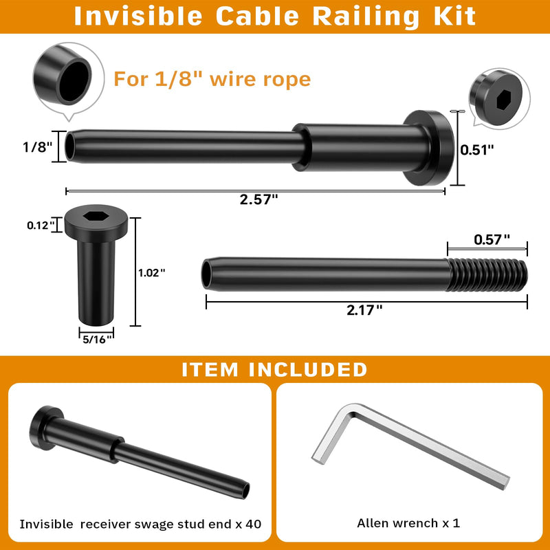 Black Cable Railing Hardware - 40 Pack 1/8" T316 Stainless Steel Invisible Receiver Swage Stud End for 2"x2" Wood Metal Post - Deck Cable Railing Kit