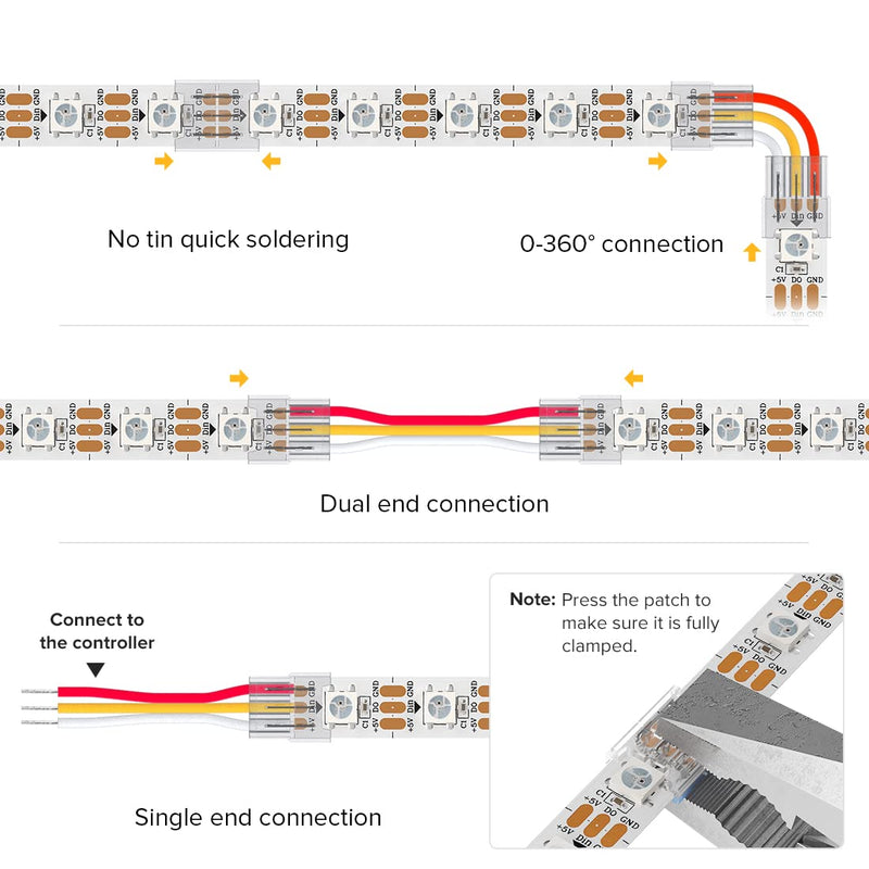 BTF-LIGHTING 3 Pin 10mm 0.39in Width Transparent Connector Kit,4xGapless Solderless 8PCS Corner Connectors,4PCS 5.9in Long 22AWG Extension Wires,Support WS2812B WS2811 SK6812 SMD LED Strips Multi Function Connector