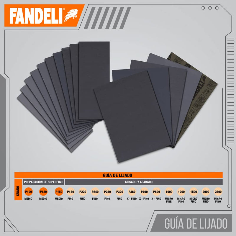 Fandeli | Waterproof Sandpaper | Assortment of Grits from 120 to 2500 | 36 Sheets 23 x 9,3 cm | for Car Polishing, Wood Furniture Sanding and Metal Sanding | Water Resistant 1