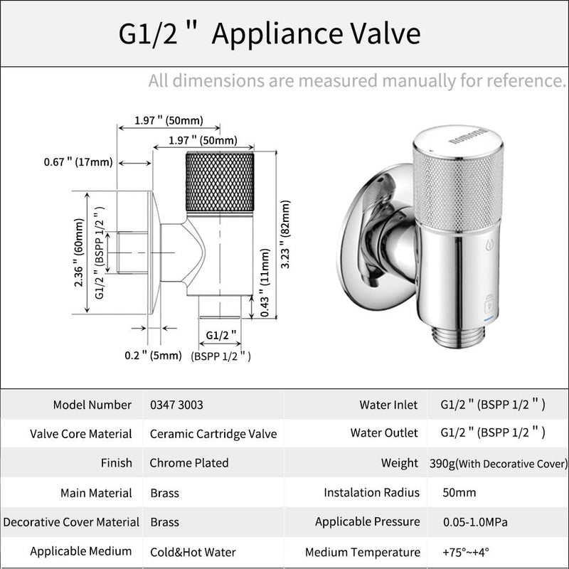 Large Flow Ceramic Valve Core Water Angle Valve, Wall Connection G1/2 Inch,G1/2 Inch Connection for Hose, Brass Chrome Plated for Basin, Kitchen, Water Heater