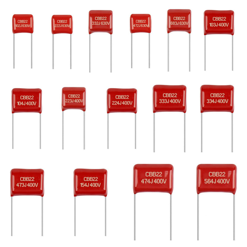 150PCS Metallized Polypropylene Polyester Film Capacitors Kit 0.001uF 0.0022uF 0.0033uF 0.0047uF 0.068uF 630V and 0.01uF 0.1uF 0.022uF 0.22uF 0.033uF 0.33uF 0.047uF 0.47uF 0.15uF 0.56uF 400V