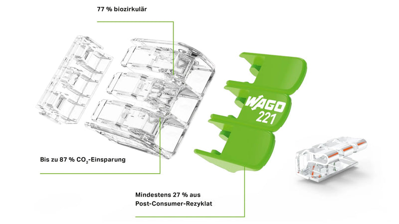 221-423 | WAGO Splicing Connector Green Range | for Solid, Stranded and fine-Stranded Conductors | 3-Conductor with levers | 24 – 12 AWG | Transparent housing | [50 Pieces]