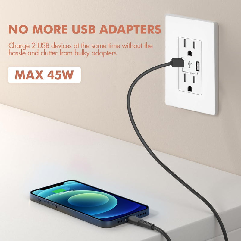 Micmi USB C Outlet PD 45W Power Delivery Decorator Receptacle 4.8A Receptacle, in-Wall Charger with 15 Amp, 125 Volt Tamper-Resistant Outlet Charger (2, White, USB C+A PD 45W) 2