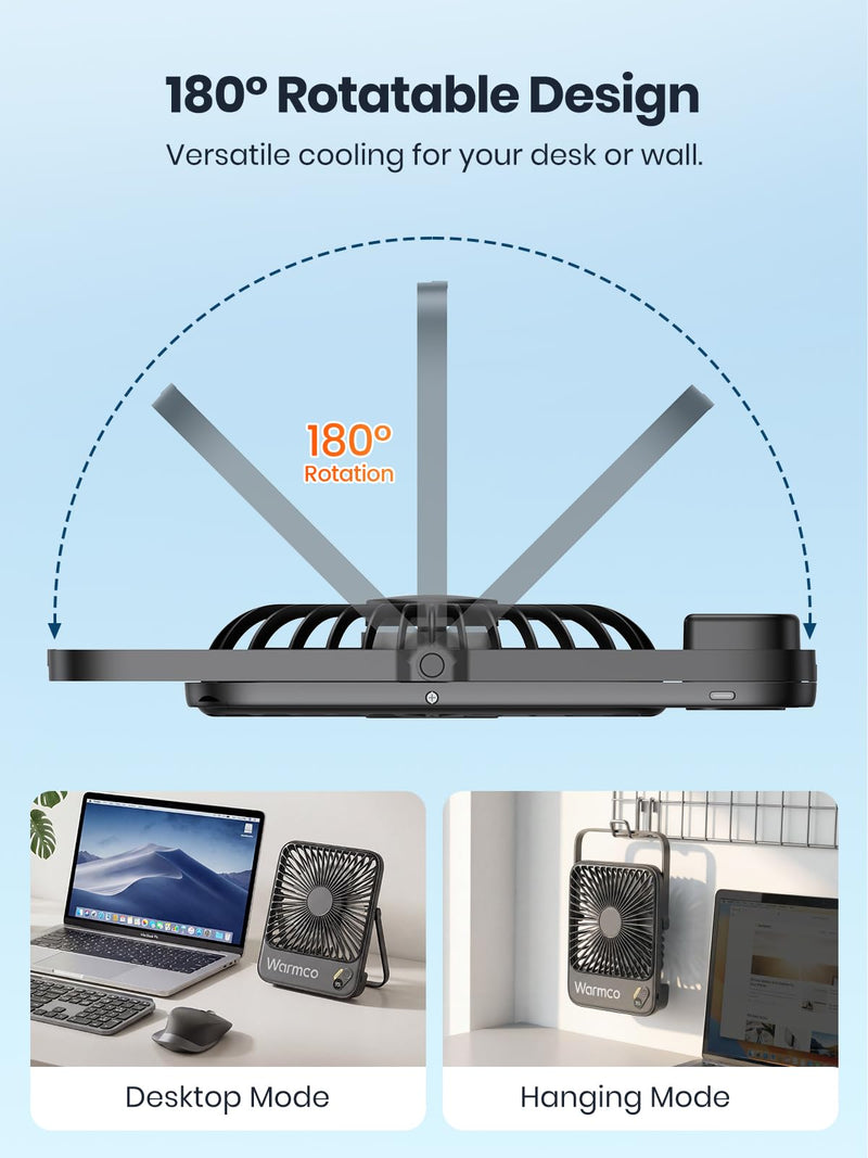 Warmco 10000mAh Portable Travel Fan 7-inch, Max 24H Runtime, Ultra-thin Quiet Rechargeable Battery Operated Desk Fan with Digital Display for Camping, Office, Bedroom, Cruise Essentials Black