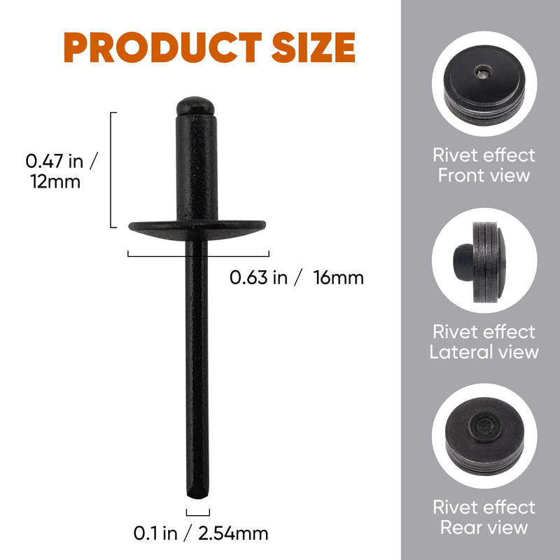 110pcs All Black Large Flange Blind Rivets,3/16 * 1/2" Open End Aluminum Blind Rivets,4.8 * 12 Pop Blind Rivet 3/16"*1/2"