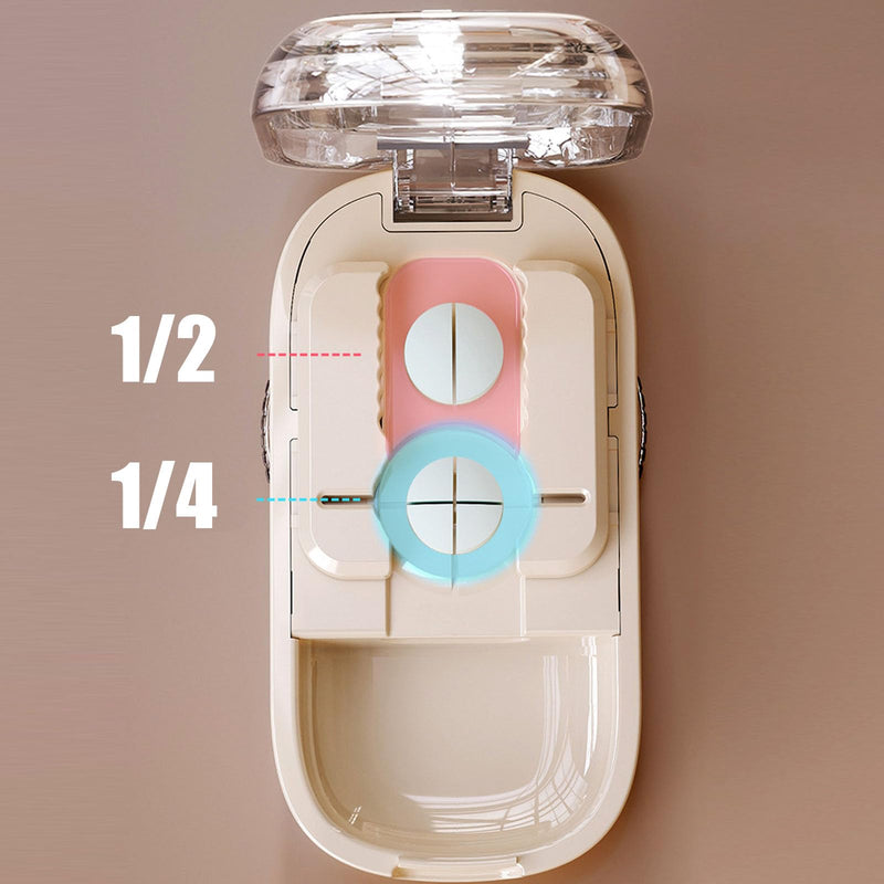 Pill Cutter for Cutting Multiple, 1/2 1/4 Pill Splitter for Large, Small and Tiny Pills, Portable Pills Cutter,Storage Organizer, Accurate Centering Alignment Device (White) White