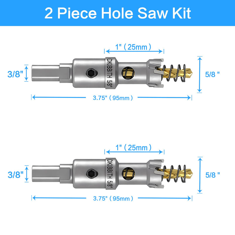 TCT Hole Saw Set, 2-Pack of 5/8" (16mm) Heavy Duty Tungsten Carbide Tipped Hole Cutters for Stainless Steel Mild Steel Copper Iron Brass Plastic and More, with Titanium-Plated Pilot Drill Bits 5/8"(16mm)