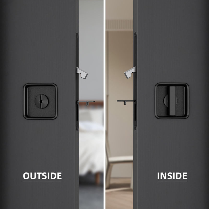 Pocket Door Lock Hardware Set - Privacy Handle with Hidden Pull & Recessed Latch, Fit for 1.77" to 2" The Thickof Wooden Doors (Black, Square) Black