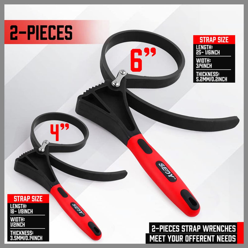 Rubber Strap Adjustable Wrench Set - 2-Piece Oil Filter Pipe Jar Opener 4"-6-3/8" Strong Grip Plumbers Universal Spanner Drain Sewer Cap Sink Pliers Nut Shower Head Valve Removal 2-Piece Rubber Strap Adjustable Wrench Set