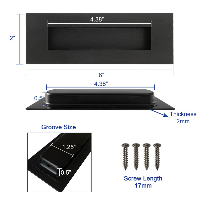 Hadnles Recessed Finger Flush Pulls - Fit Wardrobe, Pocket, Sliding Barn, Bifold Doors & More - Stainless Steel Brushed Rectangular Door Pull Hardware (6 INCH, Black - 2 Pack) 6 Inch Black- 2 Pack