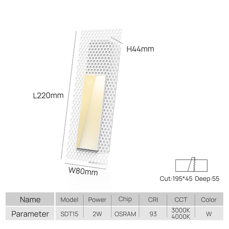 SCON LED Recessed Trimless Step Light,White Indoor Skirting Wall Light,Rectangle Invisible Stair Light,for Hallway/Bedroom/Dining Room/Stairway/2W/3000K/NODIM White 2W-3000K