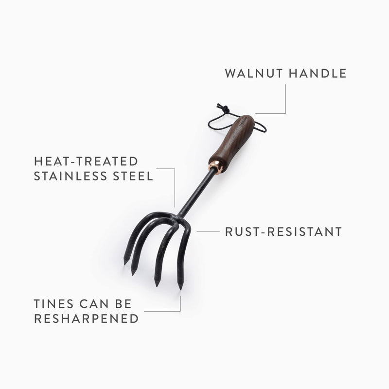 Barebones Cultivator - Weed Remover Tool - Garden Rake and Weeding Tool for Yard Work - Stainless Steel Cultivator for Raking Soil (Walnut/Black) Walnut/Black