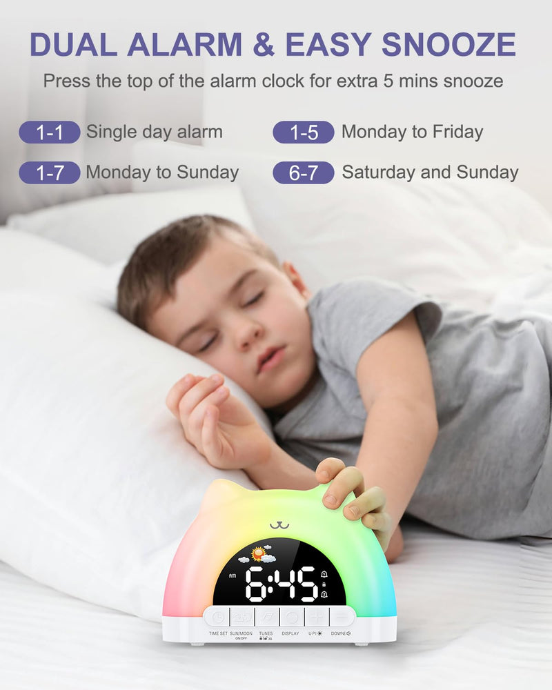Kids Alarm Clock, Wake Up Clock with 11 Colors Night Light, Toddlers Sleep Training Clocks with 10 Ringtones, Brightness Adjustment, Dual Alarms Plug in OK to Wake Clocks for Girls Boys Contemporary