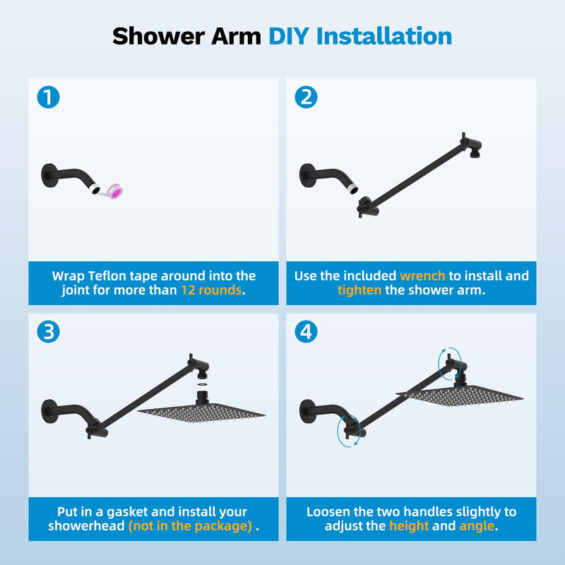 All Metal 11" Black Shower Head Extension Arm, Brass Flexible Shower Head Extender Adjustable Height & Angle, G1/2" Universal Stainless Steel Pipe Extending with Lock Joint for Rain/Fixed Showerhead 11 Inch Matte Black