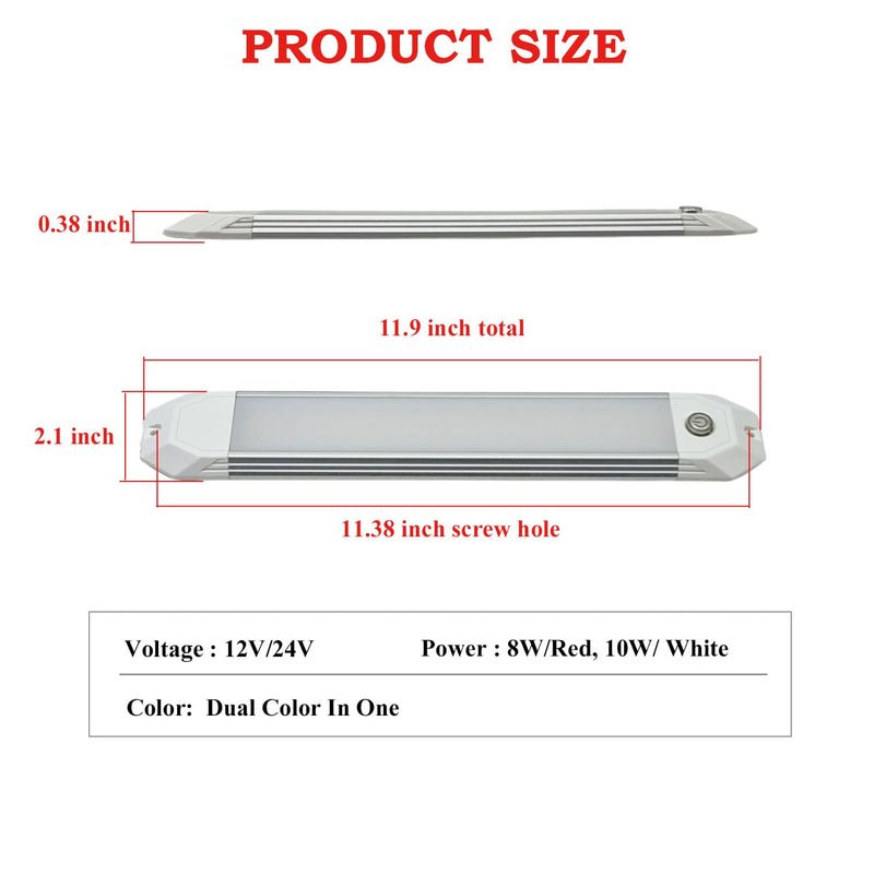 Dual-Color Touch Dimmable LED Boat Dome Light, 12 Inch Surface Mount Courtesy Ceiling Interior Cabin Lamp, 12/24V (White | Red) White | Red