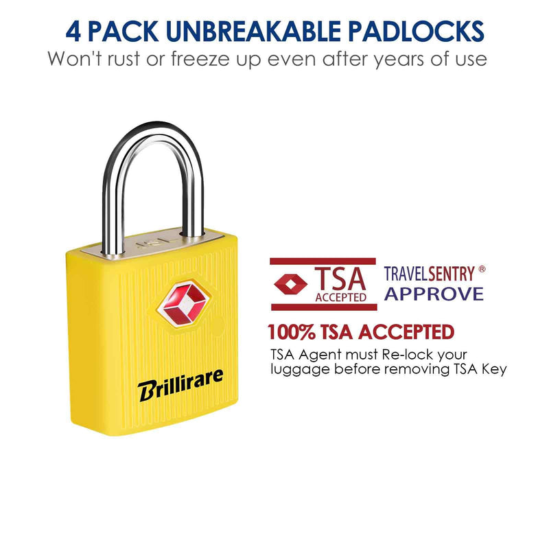 4 Pack TSA Approved Luggage Locks with Keys, Travel Padlock, Zinc Alloy Waterproof Keyed Lock, TSA Outdoor Metal Lock for Lockers, Bags, Backpack, Gym, Gate-Yellow