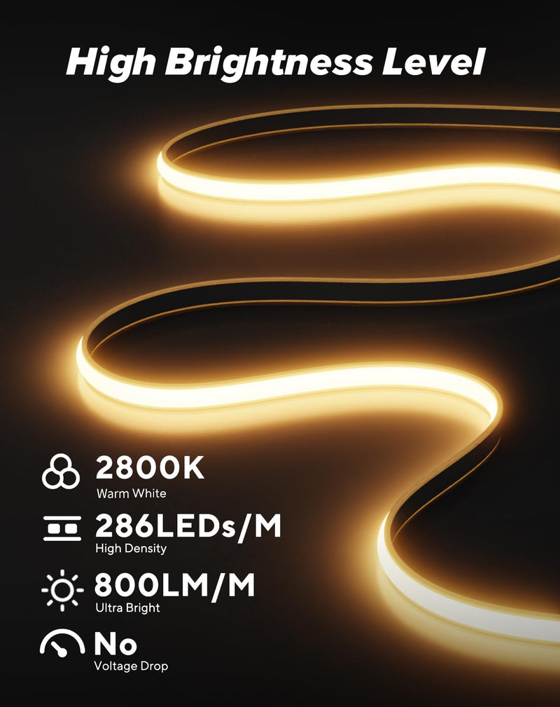 Shine Decor COB LED Rope Light AC 120V, 800lm Ultra Bright, IP65 Waterproof Cold-Resistant ETL Neon Strip, No Driver Tape Lighting for Home Commercial 10x4.5mm, 2800K Warm White, 16.4ft 16.4ft/5m