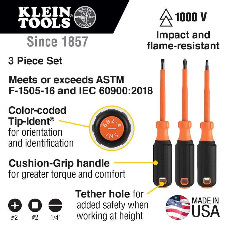 Klein Tools 85073INS Insulated Screwdriver Set features 1000V Phillips, Slotted and Square Tips, Cushion Grip Handles, 3-Piece 3-Piece Set