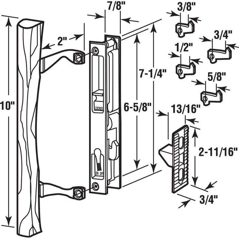 Prime-Line MP1032 Sliding Door Handle Set, 6-5/8 In., Diecast and Wood, Hook Style, Flush Mount, Keyed (Single Pack)