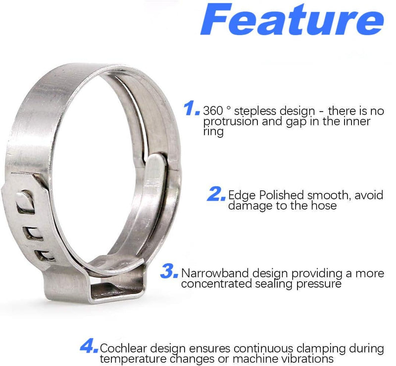 50Pcs 15mm-17.5mm （1/2"）Single Ear Hose Clamp Hose Crimp Clamps Ear Crimp Rings Ear Stepless Hose Clamp Pinch Clamps for Hose Pipe Clamp Tools (1/2inch) 1/2inch