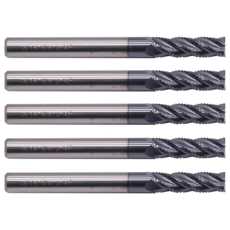 5Pcs 3/16" 4 Flute Solid Carbide Roughing End Mill, ALCrSiN Nano Coated | 35 Degree Helix, 3/16" Cutting Diameter, 3/16" Shank Diameter, 5/8" Length of Cut, 2" Overall Length