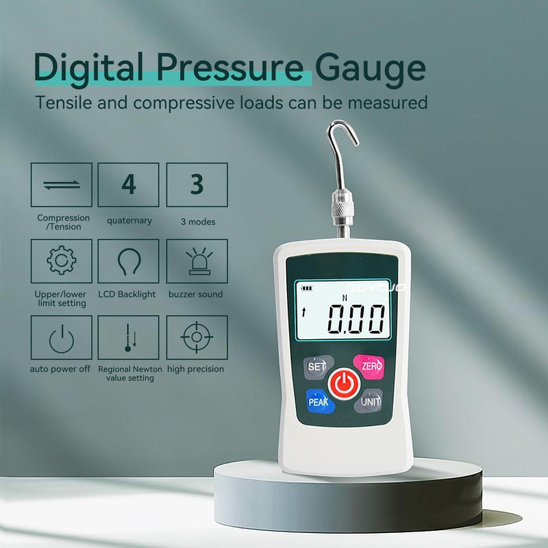 GOYOJO Digital Force Gauge High-Precision Push-Pull Meter for Tension & Compression Testing Units (N, kg, lb, oz) Real-Time/Peak/First Peak Modes Ideal for Quality Control & Material Testing (300N) 67lb/300N