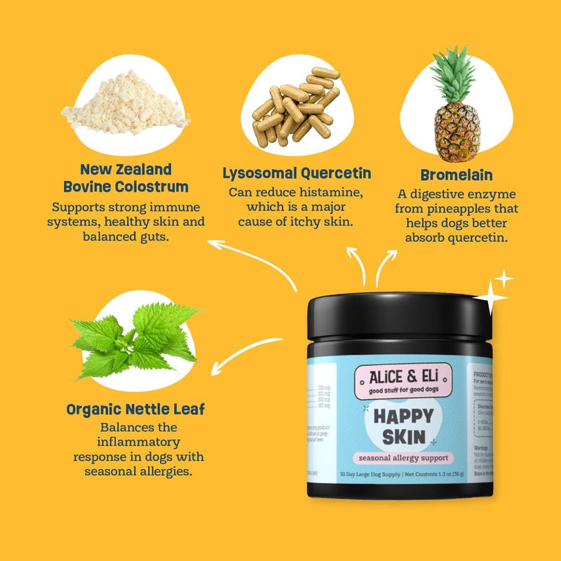 Alice & Eli Happy Skin - Seasonal Allergy Support with Quercetin & Bovine Colostrum - for Dogs with Sensitive Skin or Environmental Allergies