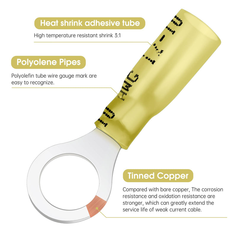 50 Pack Heat Shrink Ring Terminals - 1/4" - Yellow 12-10 AWG Marine Grade Heat Shrink Wire Connectors - Tinned Red Copper Eyelet Wire Connectors Ring 1/4" 50