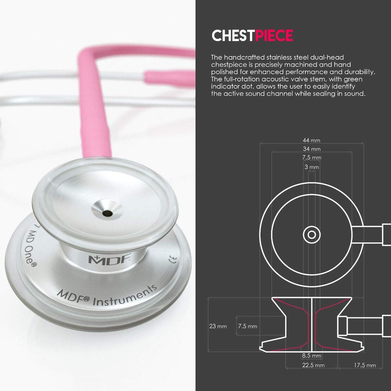 MDF Instruments, MD One Stainless Steel Stethoscope, Adult, Pink Tube, Silver Chestpieces-Headset, MDF77701