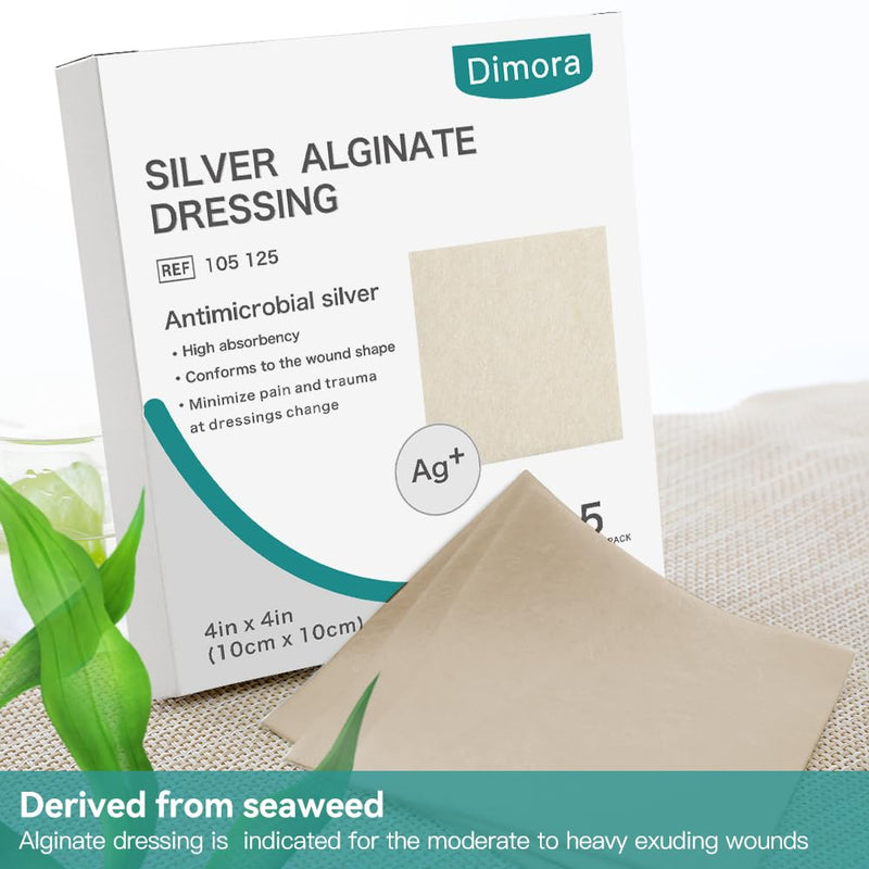 Dimora Upgrade Silver Calcium Alginate Wound Dressing -Antibacterial Non Stick Gauze, Highly Absorbent Sterile Bandage Pads,4'' x 4'' Patches 5 Packs Upgrade Ag alginate 5pack