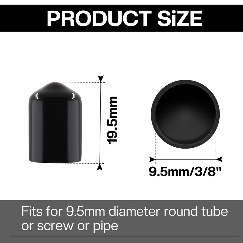 12PCS Rubber End Caps Cover 3/8 inch/9.5mm Black Round Vinyl Plug Bolt Covers Caps Screw Rubber Thread Protector for Metal Tubing, Round Tubing Bolt (Black, 9.5mm Inner Dia) 3/8 inch (9.5mm)