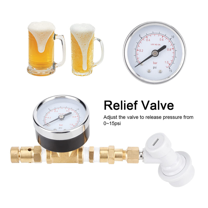Beer Brew Adjustable Pressure Relief Valve, 0-15psi CO2 Regulator Ball Lock Connector with Gauge for Home Brewing Beer