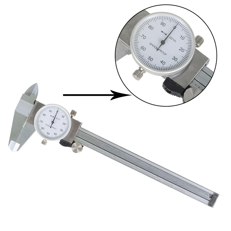 6 inch Dial Caliper Imperial Stainless Steel Shockproof Measuring Measurement 4-Way Dial Caliper 0.001" with Plastic Case
