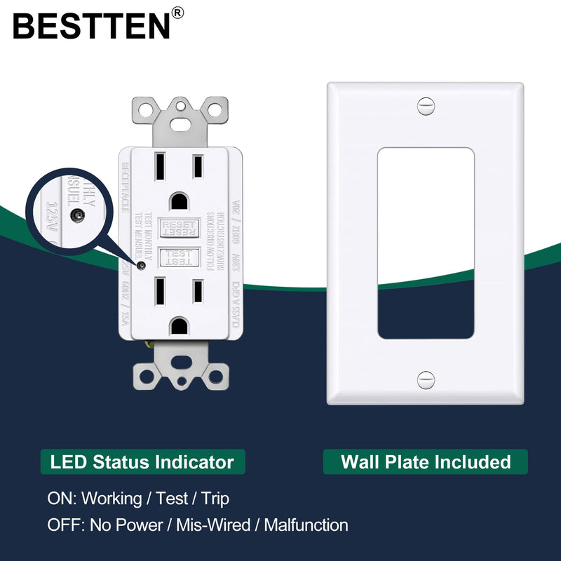 BESTTEN GFCI Outlet 15 Amp, GFI Receptacle Outlet with LED Indicator, Ground Fault Circuit Interrupter, Non-Tamper-Resistant, Wallplate Included, ETL Certified, 10 Pack, White 15A Indoor