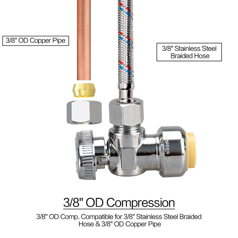 1/2/5/10/20pcs Stop Valves, 1/2" × 3/8" Angle Stop Valve, 1/2" PTC Input, 3/8" OD Compression Output, Push to Connect, 1/4 Turn, Chrome Plated Brass for Faucet, Toilet Valves, No Lead (2pcs Angle) 2×Angle