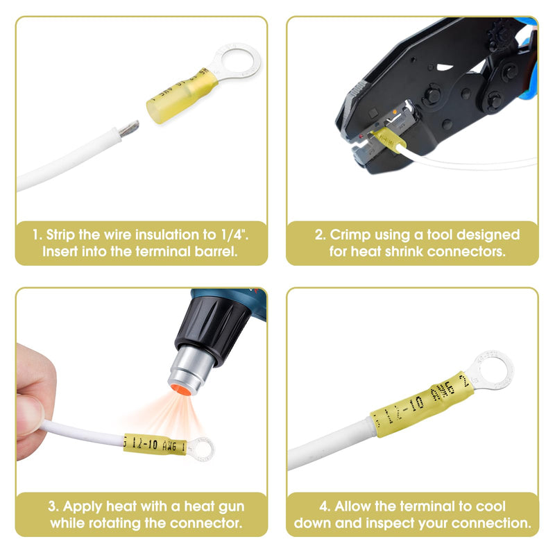 50 Pack Heat Shrink Ring Terminals - 1/4" - Yellow 12-10 AWG Marine Grade Heat Shrink Wire Connectors - Tinned Red Copper Eyelet Wire Connectors Ring 1/4" 50