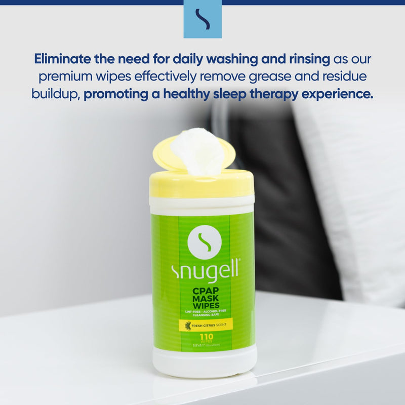 Snugell Citrus Scented CPAP Mask Wipes – 110 Count – 100% Soft Cotton, Lint-Free, Alcohol-Free – Skin-Safe Formula with Aloe Vera – Easy-Open Canister for Cleaning CPAP Masks, Tubes, and Devices 110 Count (Pack of 1)