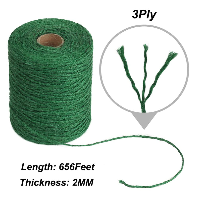 Vivifying Garden Twine, 656 Feet 2mm Green Plant Ties, Strong Jute Twine String for Climbing Plants, Tomatoes, Floristry, Crafts 656Feet
