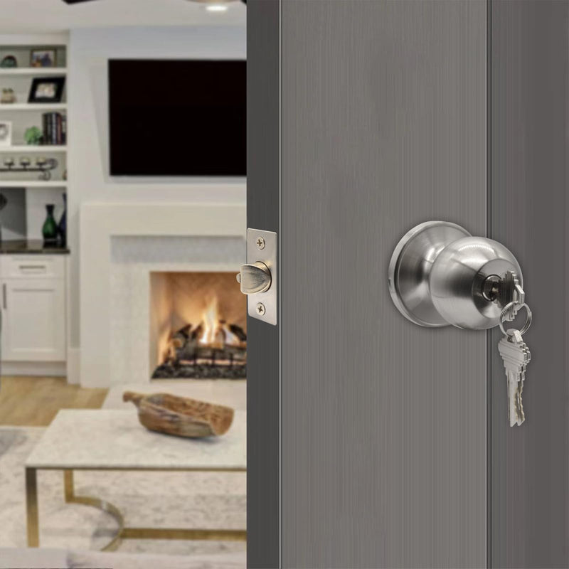 5" Backset Latch Keyed Entry Door Knob with Lock and Key, Standard Square Interface Entrance Ball Doors Knobset Lockset, Satin Nickel