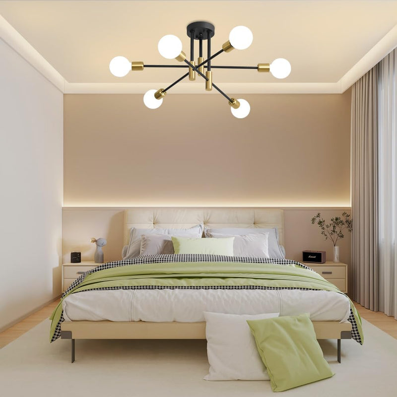 Biewalk Sputnik Chandelier, Mid Century Modern Nordic Pendant Lighting 6 Lights Ceiling Light Fixture Black and Gold Chandelier, for Living Room Kitchen Bedroom Dining Room (E26 Bulb Excluded) Black Gold 6-Light no lampshade