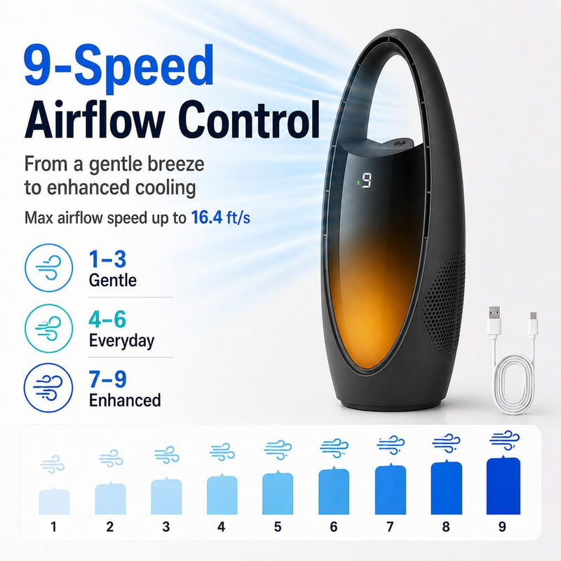 Japard Bladeless Misting Desk Fan 9-Speed Quiet Motor Office Lighting Black