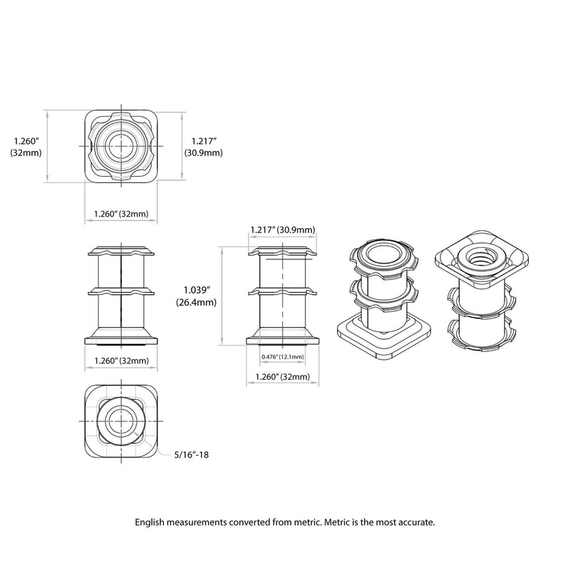Outwater Industries Double Star Threaded Caster Insert | Heat Treated Steel | Fits 1-1/4 Inch Square 16-18 Gauge Tube | Thread: 5/16-18 | 20 Pack